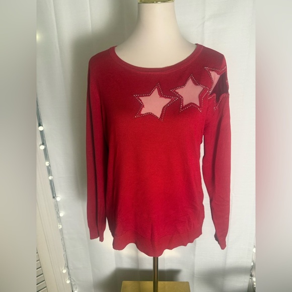 A Love Story Red Sweater XL Rhinestone Sheer Star Detail - Picture 9 of 9